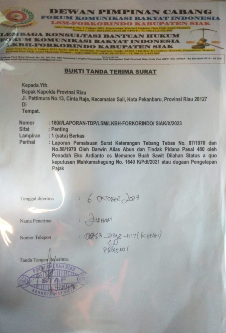 Eko Ardianto dan Darwin alias Abun dkk Diduga Mafia Tanah dan Penadah Sawit , Resmi di Laporkan Ke Polda Riau