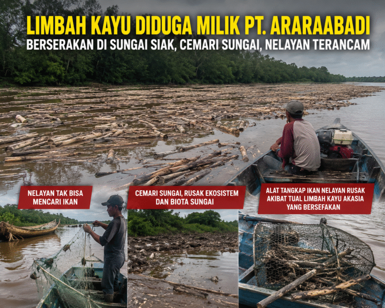 Nelayan Sungai Siak Terancam dan Menjerit, Limbah Kayu Akasia Diduga Milik PT Arara Abadi Berserakan Sejak Kamis