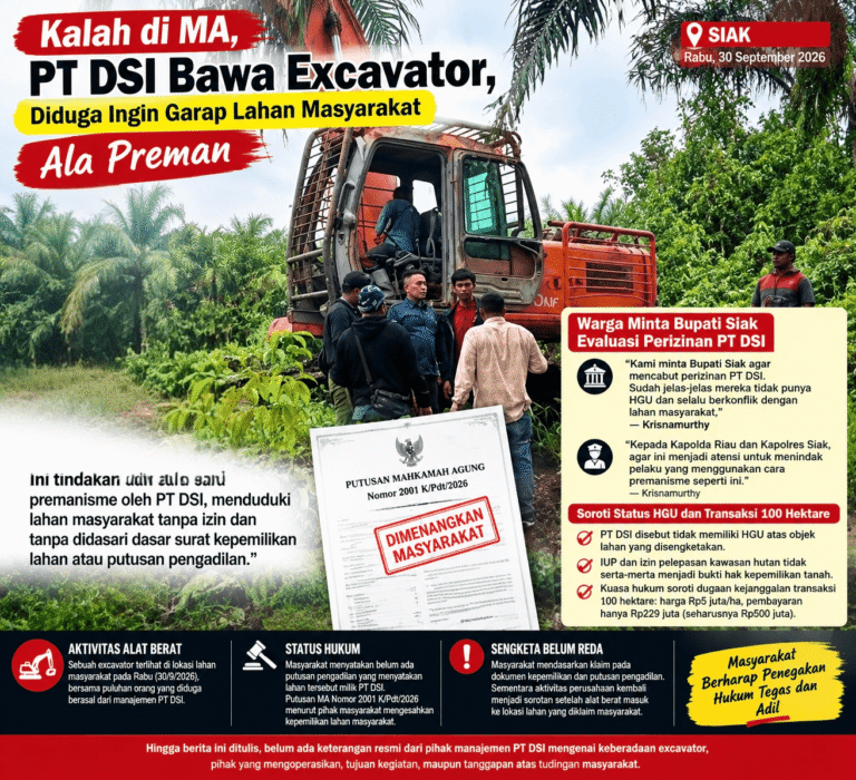 Kalah di MA, PT DSI Bawa Excavator, Diduga Ingin Rampas Lahan Masyarakat Bergaya Preman, Warga Desak Bupati Siak Evaluasi Izin PT DSI